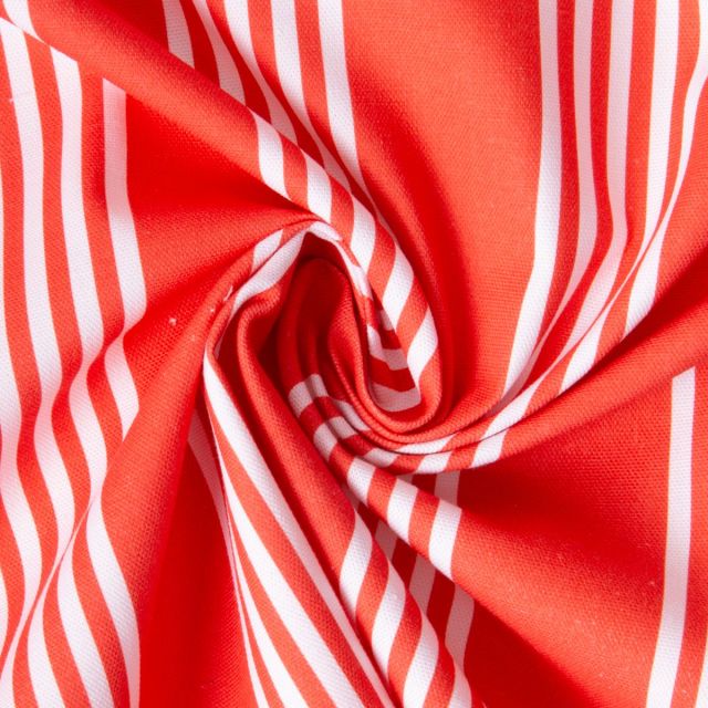 Tissu Toile de Coton d'ameublement Rayé blanc sur fond Rouge