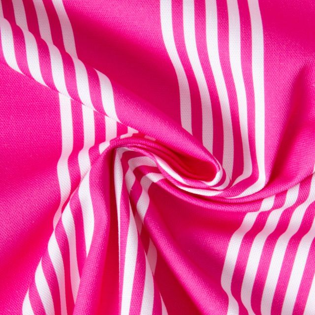 Tissu Toile de Coton d'ameublement Rayé blanc sur fond Rose fuchsia