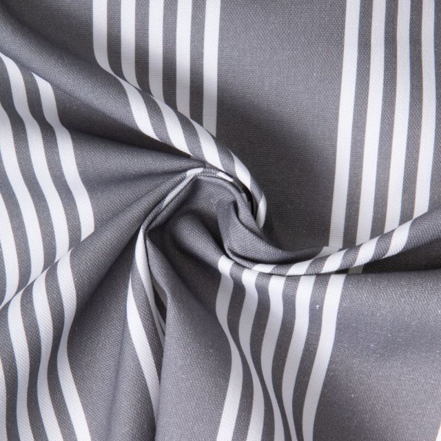 Tissu Toile de Coton d'ameublement Rayé blanc sur fond Gris