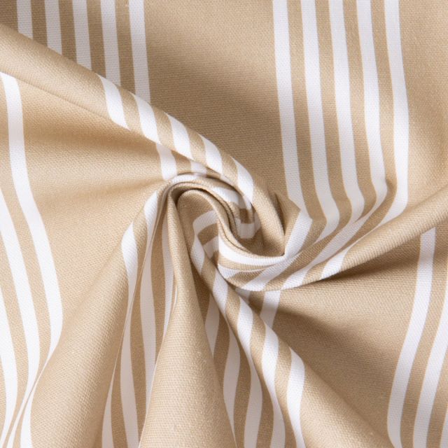Tissu Toile de Coton d'ameublement Rayé blanc sur fond Beige