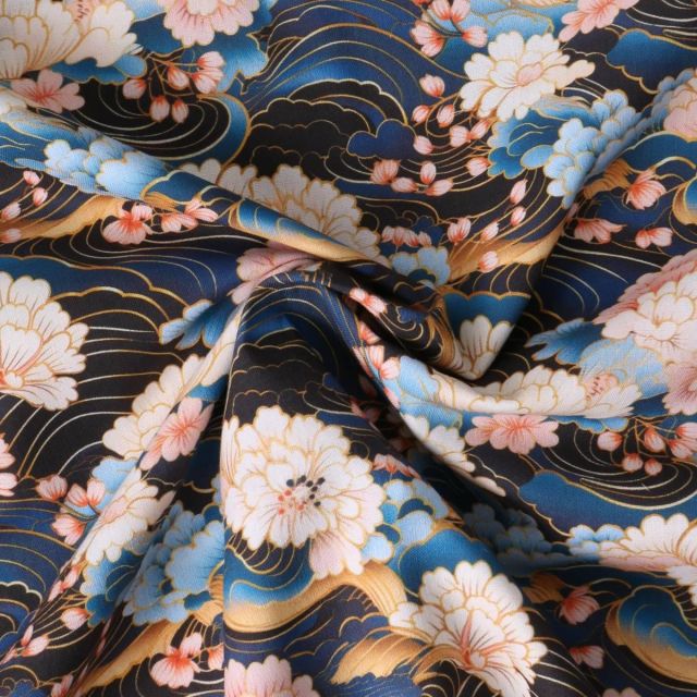 Tissu Coton imprimé  Amehana fleurs Roses pâle sur fond Noir