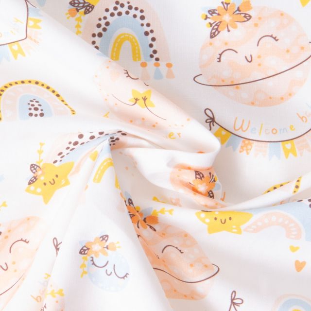 Tissu Coton imprimé Welcome Baby sur fond Blanc