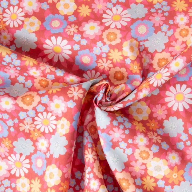 Tissu Popeline de Coton légère Paloma floral rétro sur fond Rose corail