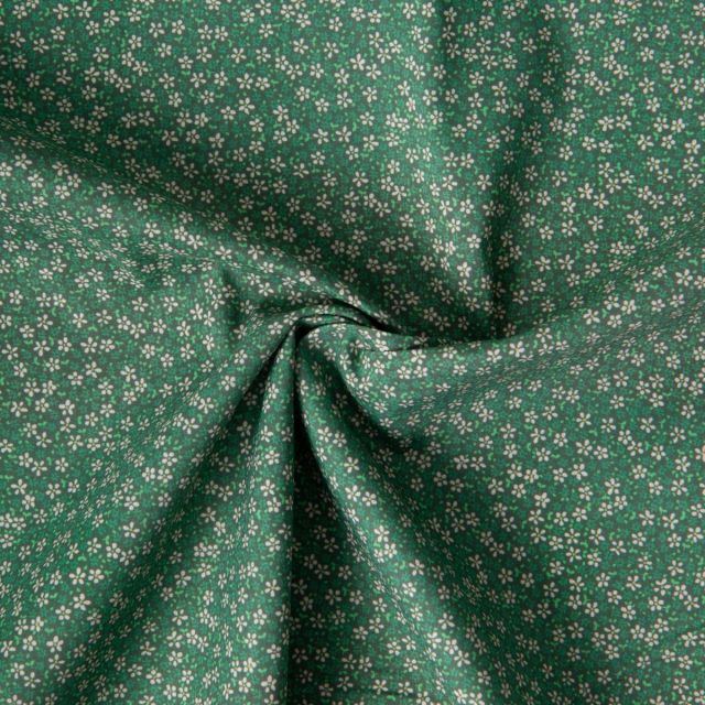 Tissu Voile de Coton digital imprimé marguerites miniatures blanches sur fond Vert sapin