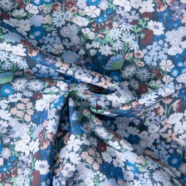 Tissu Popeline de Coton légère imprimé liberty rétro sur fond Bleu pétrole