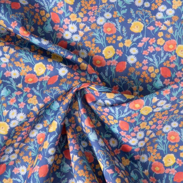 Tissu Popeline de Coton légère Rétro sur fond Bleu indigo