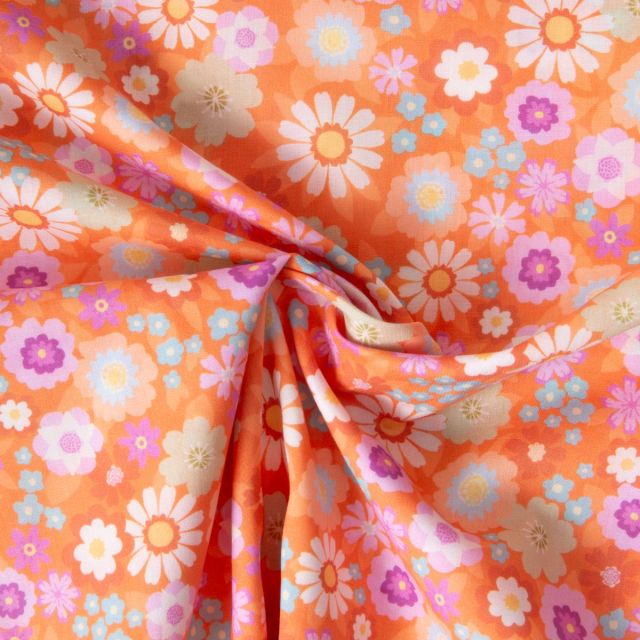 Tissu Voile de Coton digital imprimé Flower power sur fond Orange