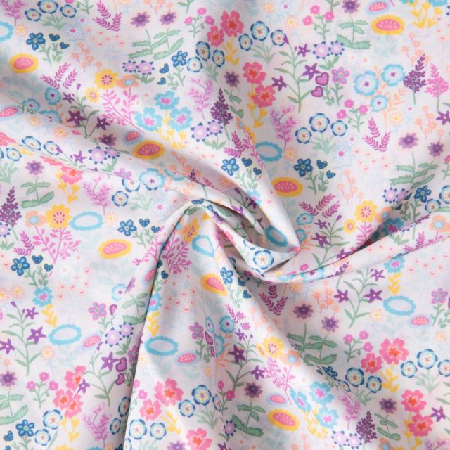 Tissu Popeline de Coton légère imprimé Dolores jardin printanier sur fond Blanc cassé