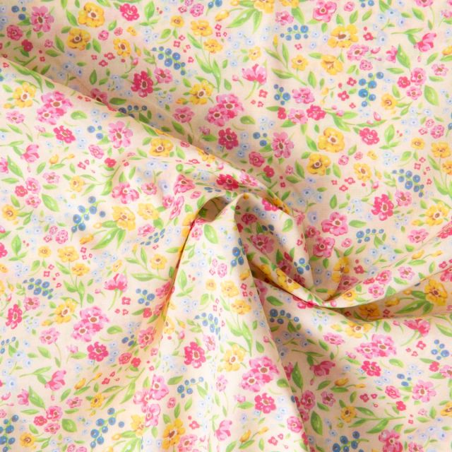 Tissu Voile de Coton digital imprimé Jardin en Fleurs sur fond Ivoire