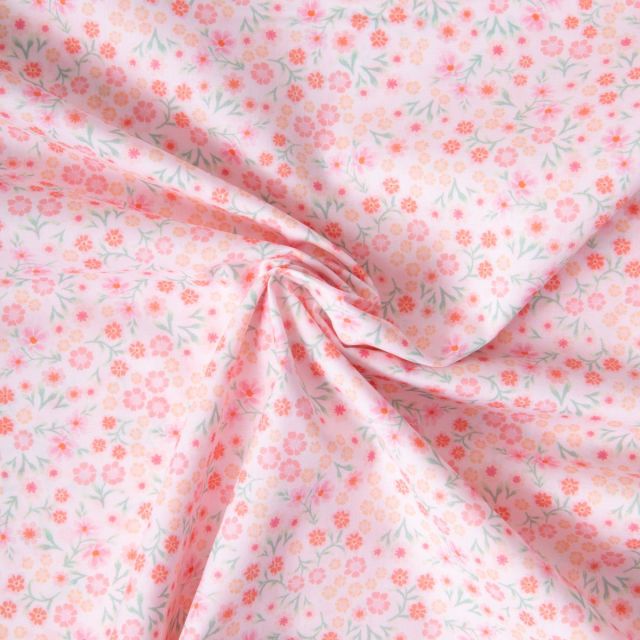 Tissu Voile de Coton digital imprimé Douce prairie sur fond Rose pastel