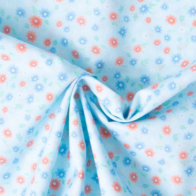 Tissu Voile de Coton digital imprimé Soleil de printemps sur fond Bleu ciel