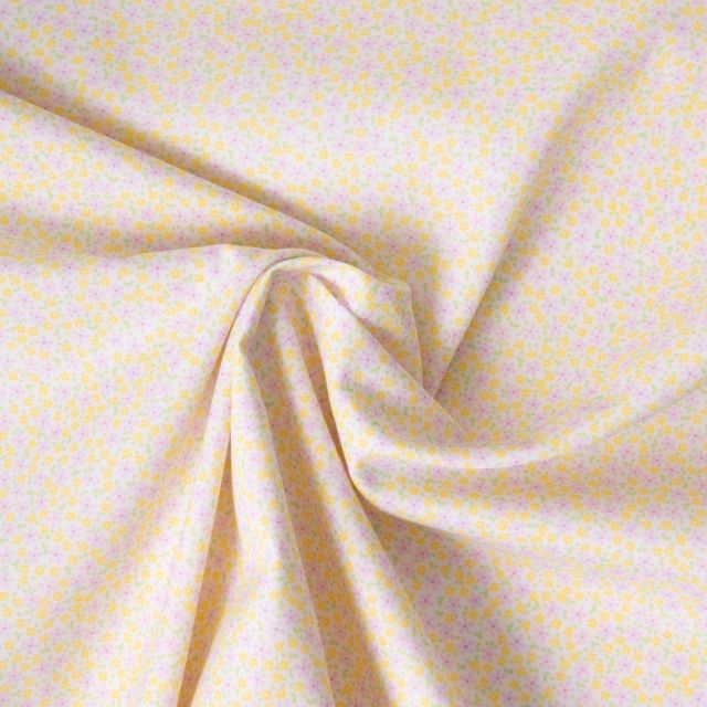 Tissu Popeline de Coton légère Tapis floral rose pastel, jaune pastel et vert pistache clair sur fond Blanc cassé