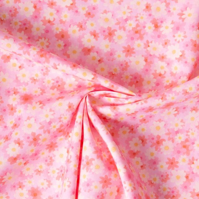 Tissu Popeline de Coton légère Petites marguerites jaunes et roses sur fond Rose clair