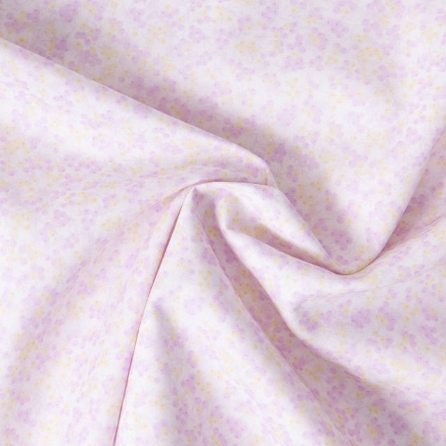Tissu Popeline de Coton légère Fleurs lilas clair et jaune pastel sur fond Blanc