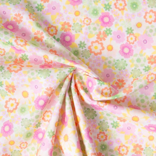 Tissu Popeline de Coton légère fleurs pastel sur fond Blanc