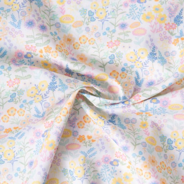 Tissu Popeline de Coton légère Petites fleurs multicolores sur fond Blanc