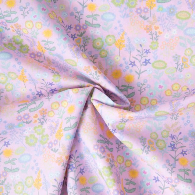 Tissu Popeline de Coton légère Petites fleurs et feuilles aquarelle pastel sur fond Rose clair