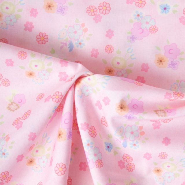 Tissu Popeline de Coton légère Petites fleurs multicolores sur fond Rose clair