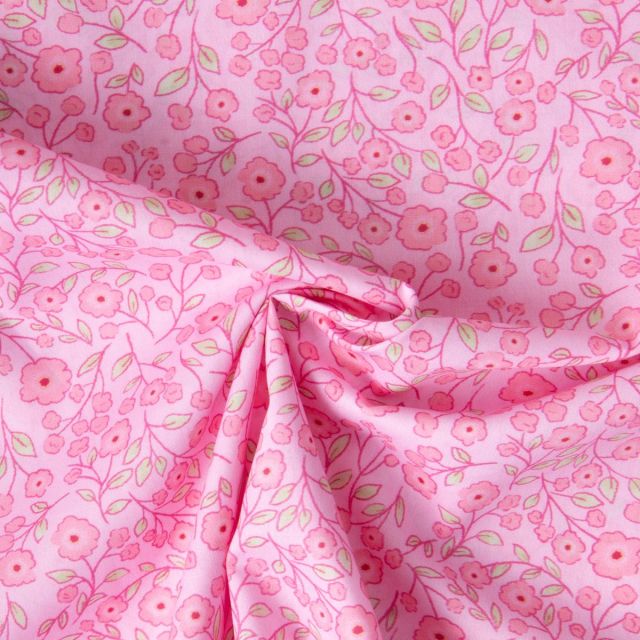 Tissu Popeline de Coton légère Floral printanier rose sur fond Rose