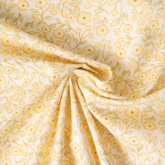 Coupon Tissu Popeline de Coton légère Floral printanier sur fond Jaune pastel - Coupon de 50 cm