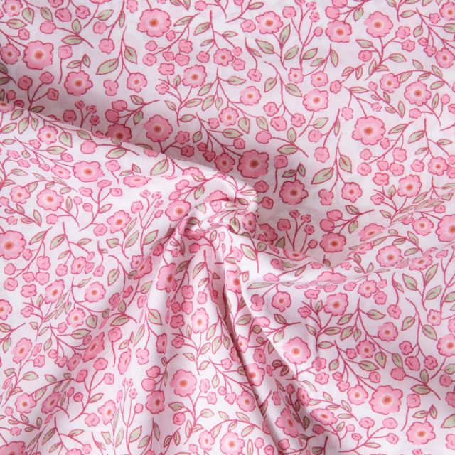 Tissu Popeline de Coton légère floral printanier rose sur fond Blanc