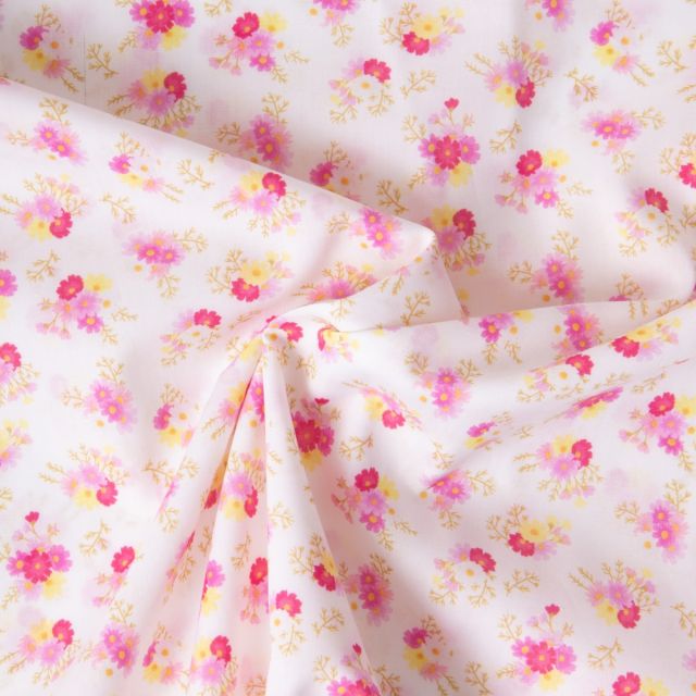 Tissu Popeline de Coton légère Petits bouquets fleurs sur fond Blanc