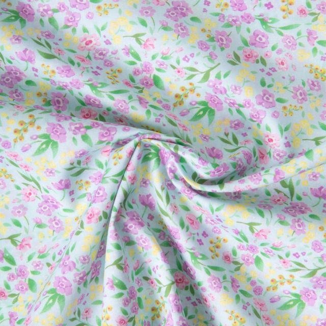 Tissu Voile de Coton digital imprimé Brise floral sur fond Vert d'eau