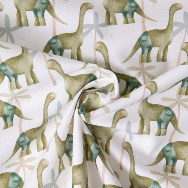 Tissu Coton imprimé Dino short sur fond Blanc