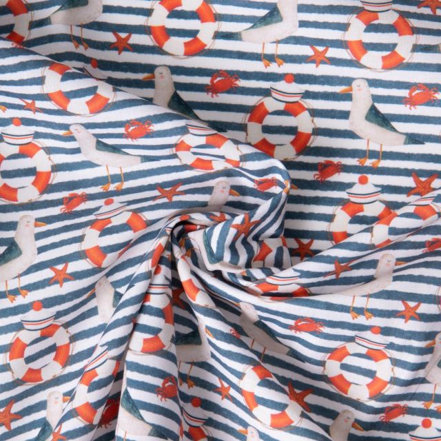 Tissu Coton imprimé Rayures Mouettes Bouées matelots sur fond Blanc