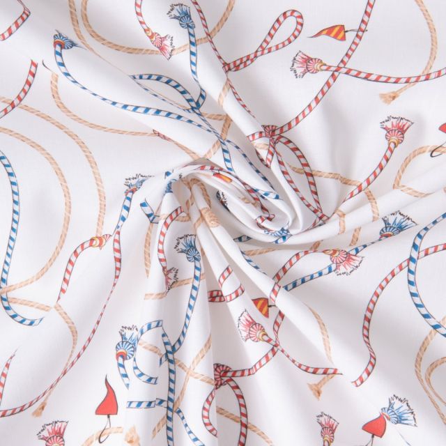 Tissu Coton imprimé Lacets marin sur fond Blanc