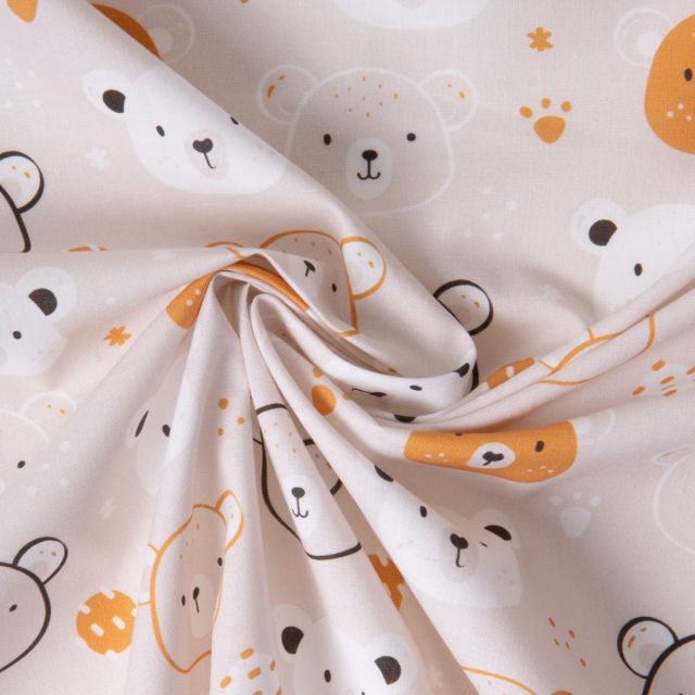 Tissu Coton imprimé Happy Teddy sur fond Beige clair