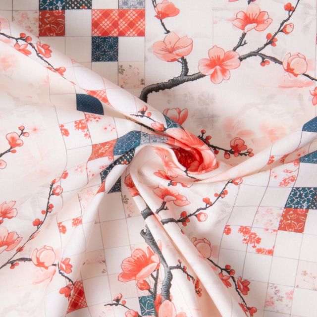 Tissu Coton imprimé Sudo flower japan sur fond Blanc