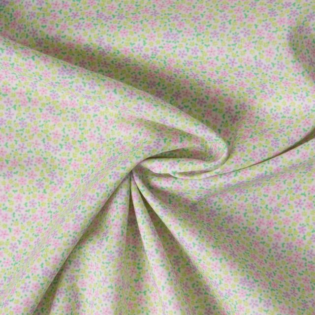 Tissu Batiste de Coton imprimé Fleuris sur fond Vert amande
