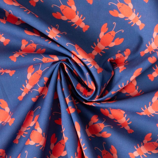 Tissu Coton imprimé Happy Homard sur fond Bleu