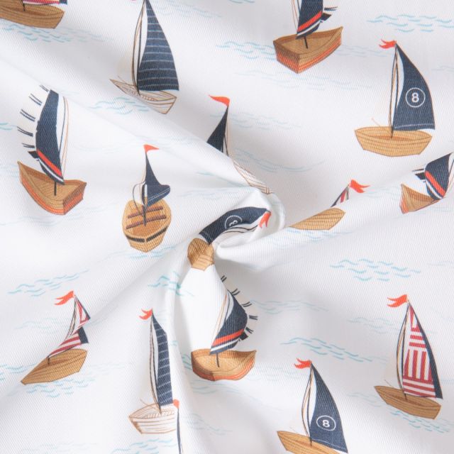 Tissu Coton Sergé d'ameublement Voiles voiliers sur fond Blanc