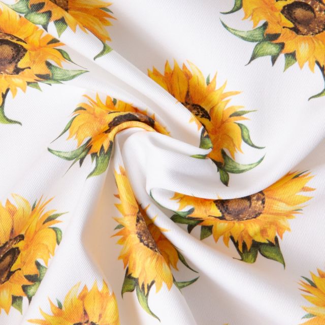 Tissu Coton Sergé d'ameublement Tournesols Yellow sur fond Blanc