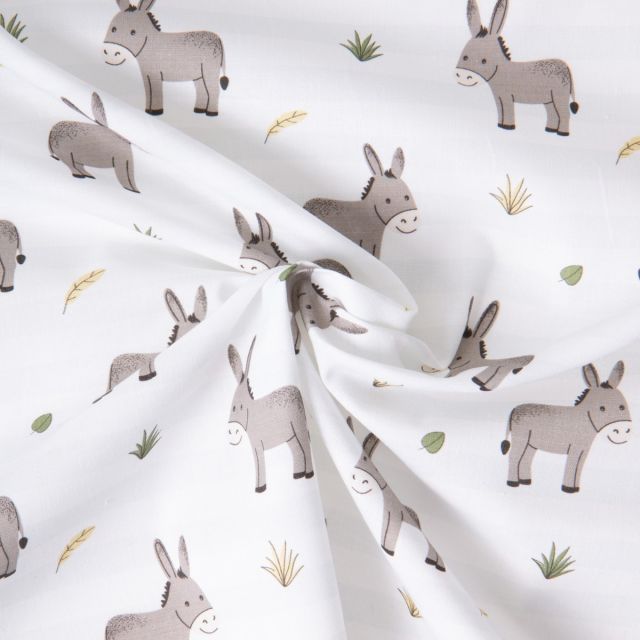 Tissu Coton imprimé enfants Anes sur fond Blanc