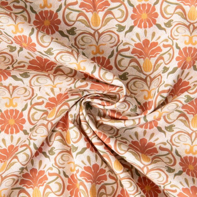 Tissu Batiste de Coton Ava fleurs rétro Terracota sur fond Beige