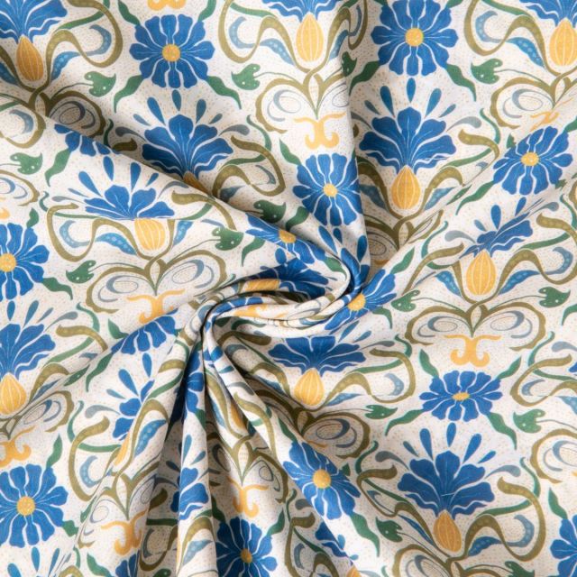 Tissu Batiste de Coton Ava fleurs rétro Bleu sur fond Blanc cassé