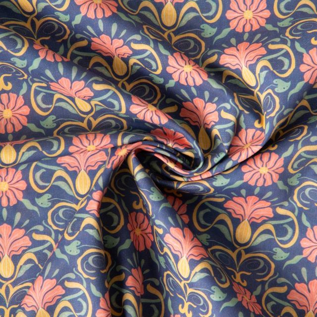 Tissu Batiste de Coton Ava fleurs rétro Corail sur fond Bleu gris