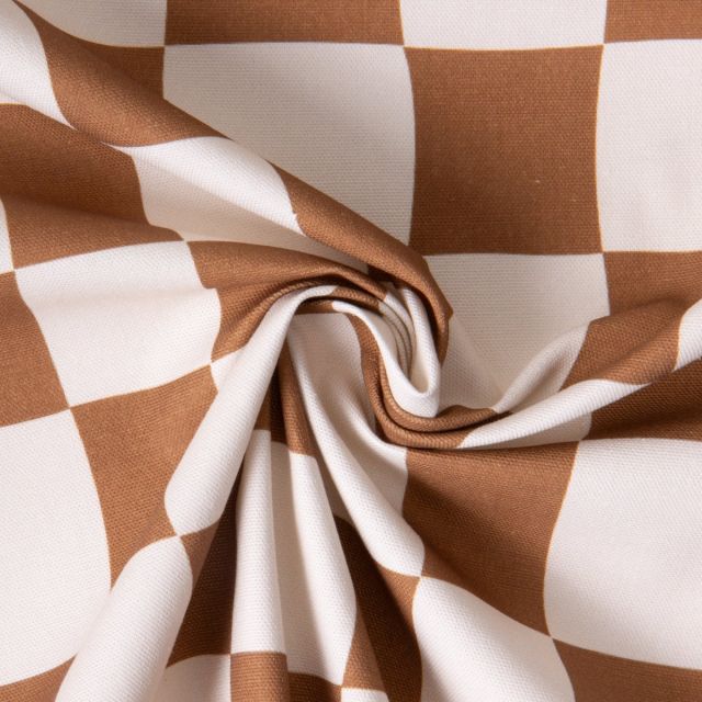 Tissu Toile de Coton d'ameublement Damier sur fond Marron