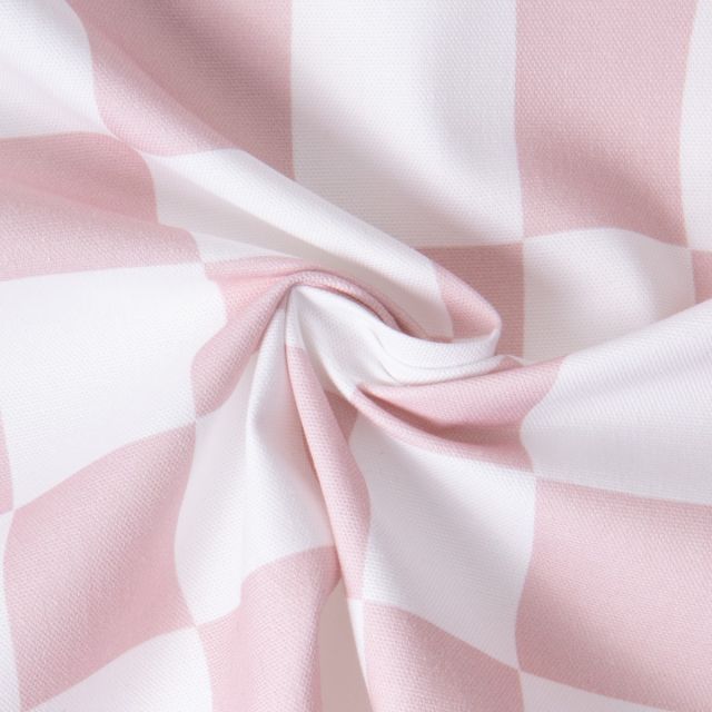 Tissu Toile de Coton d'ameublement Damier rose pâle sur fond Blanc