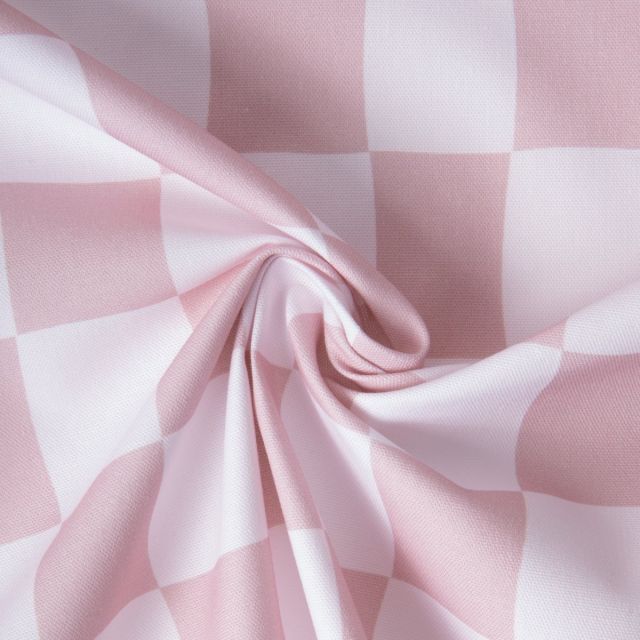 Tissu Toile de Coton d'ameublement Damier rose pastel sur fond Blanc