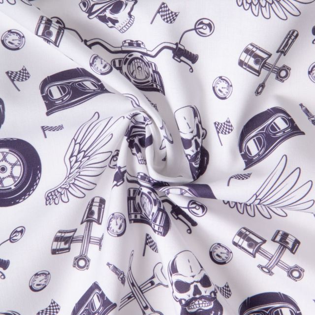 Tissu Coton imprimé Esprit Biker sur fond Blanc