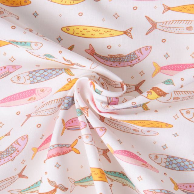 Tissu Coton imprimé Sardines sur fond Blanc