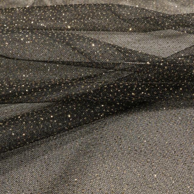 Coupon Tissu Tulle Strass Paillettes or sur fond Noir - Coupon de 50 cm