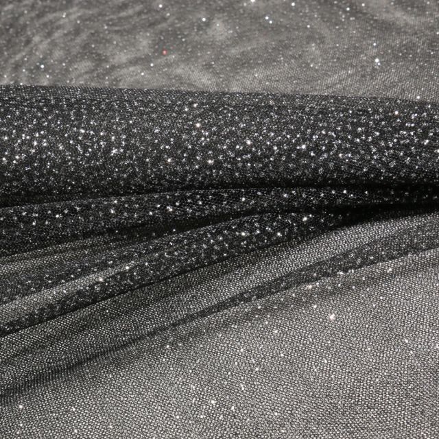 Coupon Tissu Tulle Strass Paillettes Argent sur fond Noir - Coupon de 100 cm