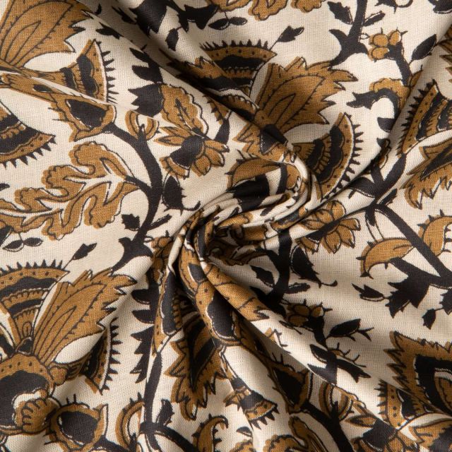 Tissu Voile de Coton indien Block print Indira floral sur fond Naturel