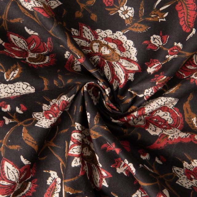 Tissu Voile de Coton indien Block print Fleuris rouge sur fond Noir
