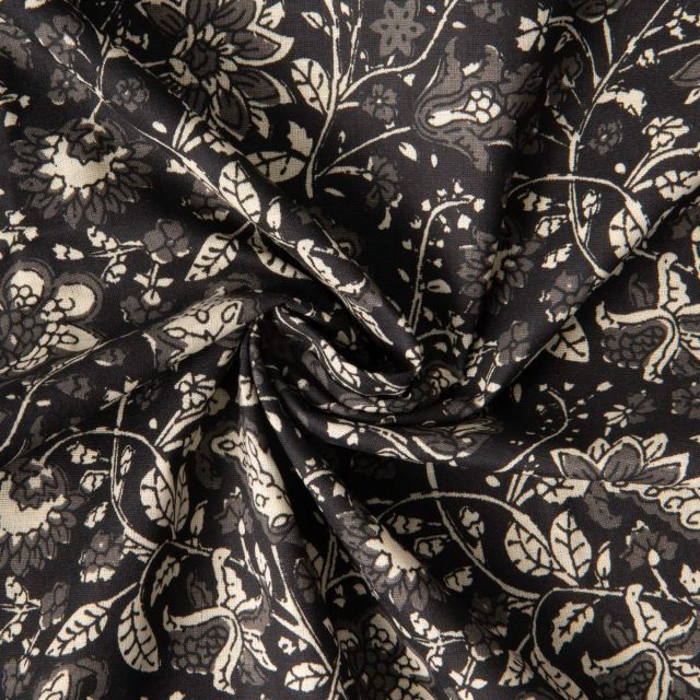 Tissu Voile de Coton indien Block print Fleuris écru sur fond Noir
